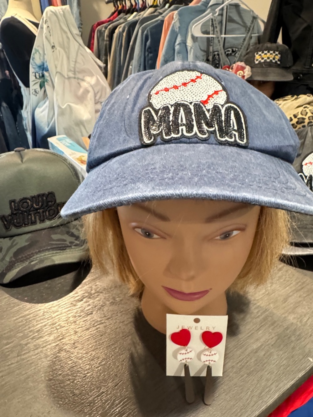Mama Baseball Patch Denim Cap - Blue and earrings